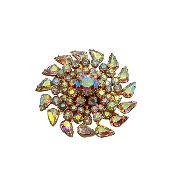 Kramer of NY Signed Vintage Pin Brooch AB Aurora Borealis Stones Layered Design - Picture 1 of 7